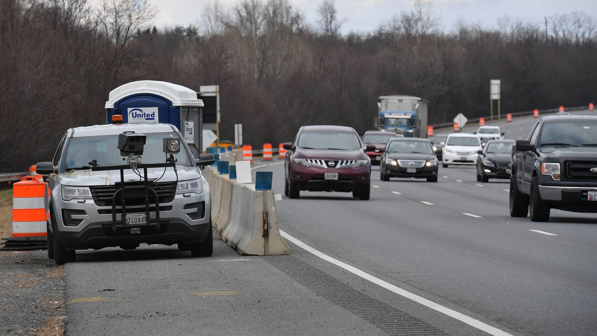GAITHERSBURG, MD - JANUARY 25: A state highway speed camera attached to an SUV can be seen hidden behind a porta-potty on the southbound lanes of I270 on January 25, 2019 in Gaithersburg, Md. (Photo by Rickyy Carioti/The Washington Post via Getty Images)