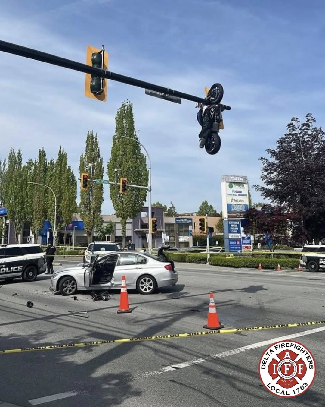 Photo of motorcycle crash aftermath posted by local fire crew