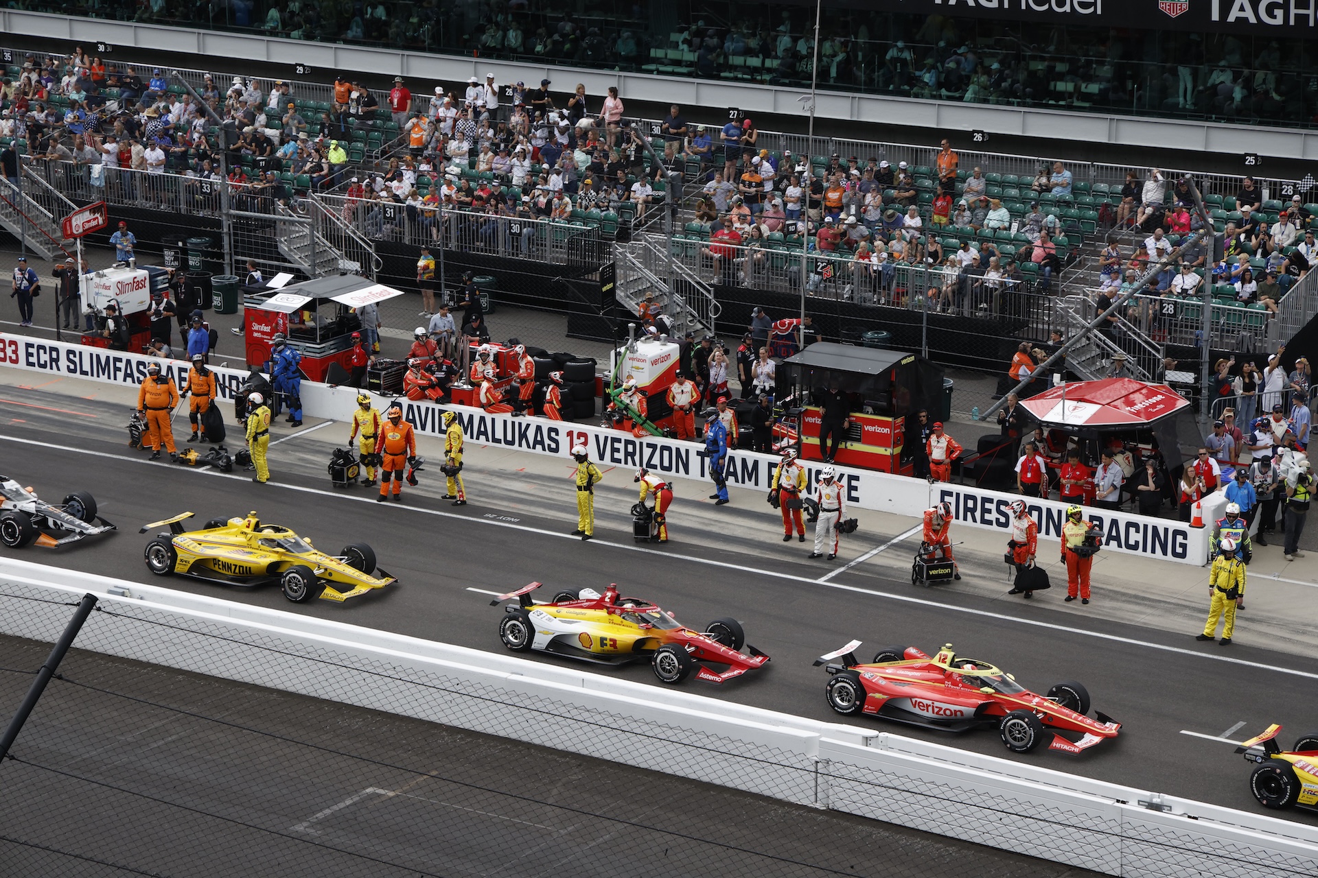 INDIANAPOLIS, INDIANA - MAY 24: #12: David Malukas, Team Penske Chevrolet, #2: Josef Newgarden, Team Penske Chevrolet, #3: Scott McLaughlin, Team Penske Chevrolet on pit road during a red flag during the NTT INDYCAR Series of the 110th Running of the Indianapolis 500 on May 24, 2026 in Indianapolis, Indiana. (Photo by Michael L. Levitt/Lumen via Getty Images)