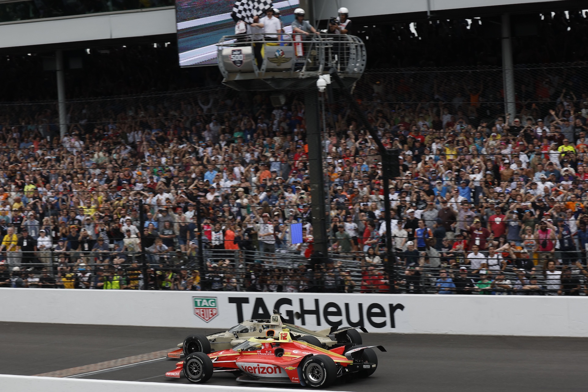 INDIANAPOLIS, INDIANA - MAY 24: Race winner #60: Felix Rosenqvist, Meyer Shank Racing w/Curb Agajanian Honda beats #12: David Malukas, Team Penske Chevrolet to the checkered flag during the NTT INDYCAR Series of the 110th Running of the Indianapolis 500 on May 24, 2026 in Indianapolis, Indiana. (Photo by Michael L. Levitt/Lumen via Getty Images)