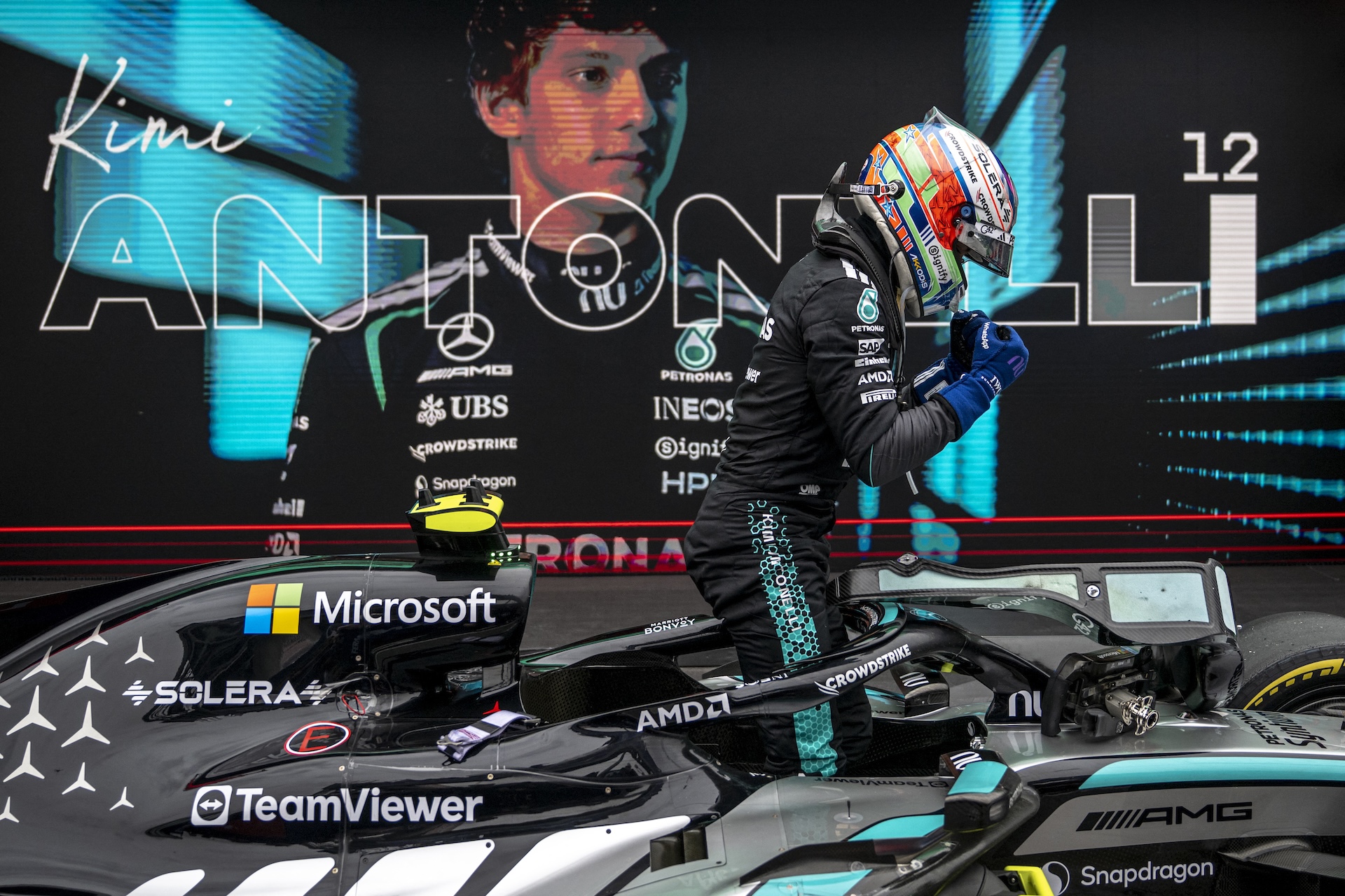 Mercedes' Italian driver Kimi Antonelli celebrates after winning the 2026 Formula 1 Grand Prix du Canada at Circuit Gilles-Villeneuve in Montreal, Canada, on May 24, 2026. (Photo by ANDREJ IVANOV / AFP)