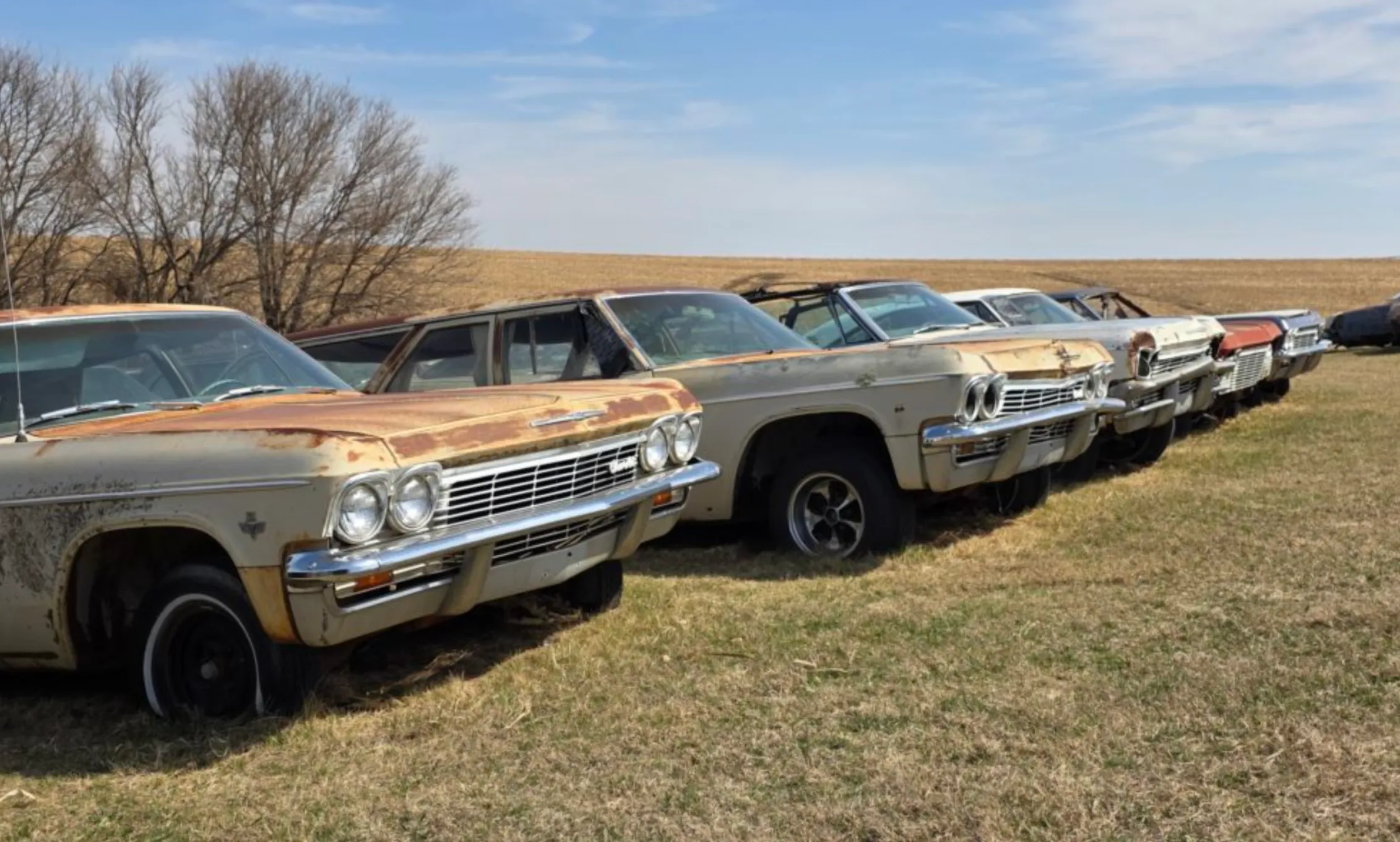 Line of classic GM vehicles in Nebraska field