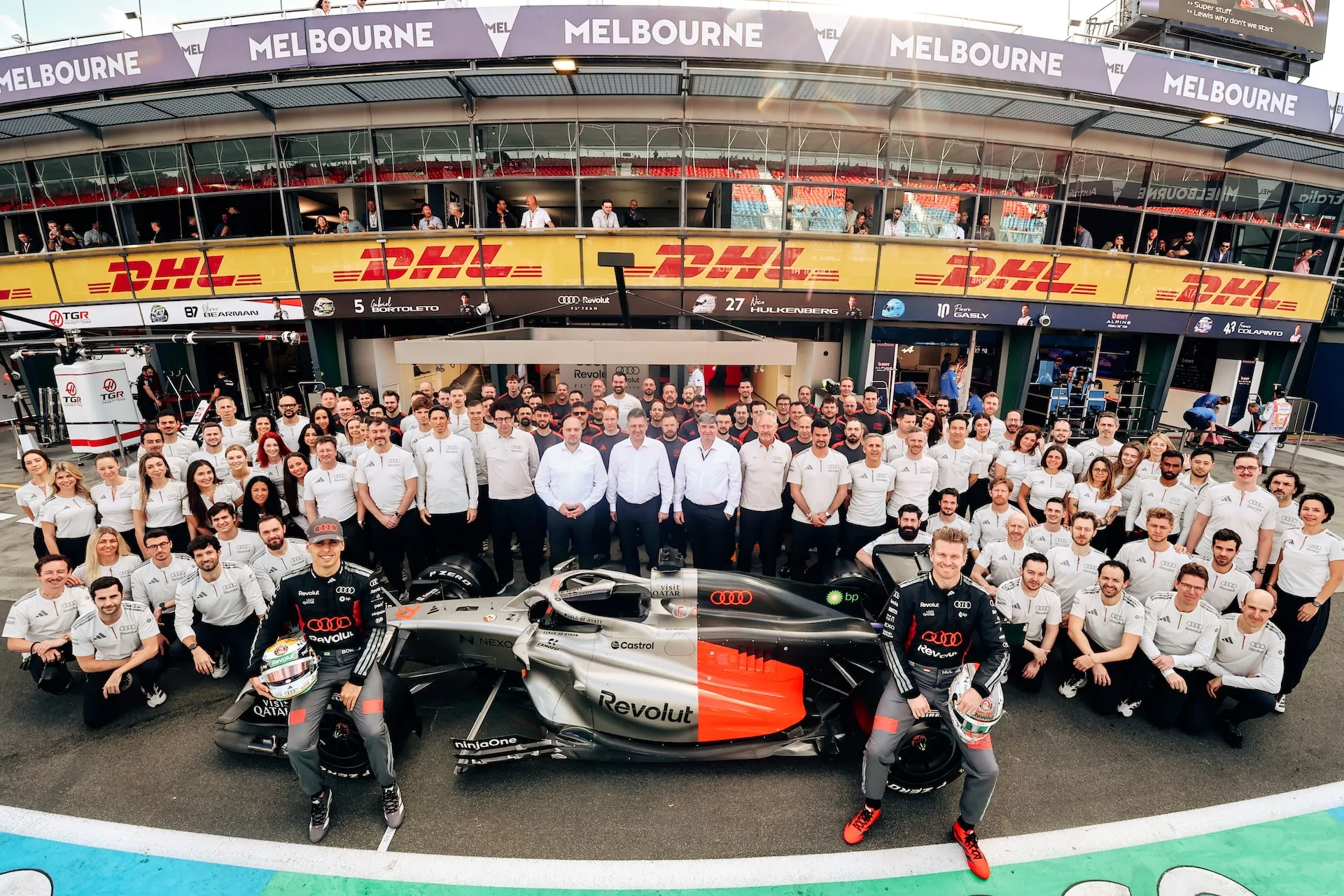 MELBOURNE, AUSTRALIA - MARCH 08: Audi F1 Team photo prior to the F1 Grand Prix of Australia at Albert Park Grand Prix Circuit on March 08, 2026 in Melbourne, Australia. (Photo by Andy Hone/LAT Images)