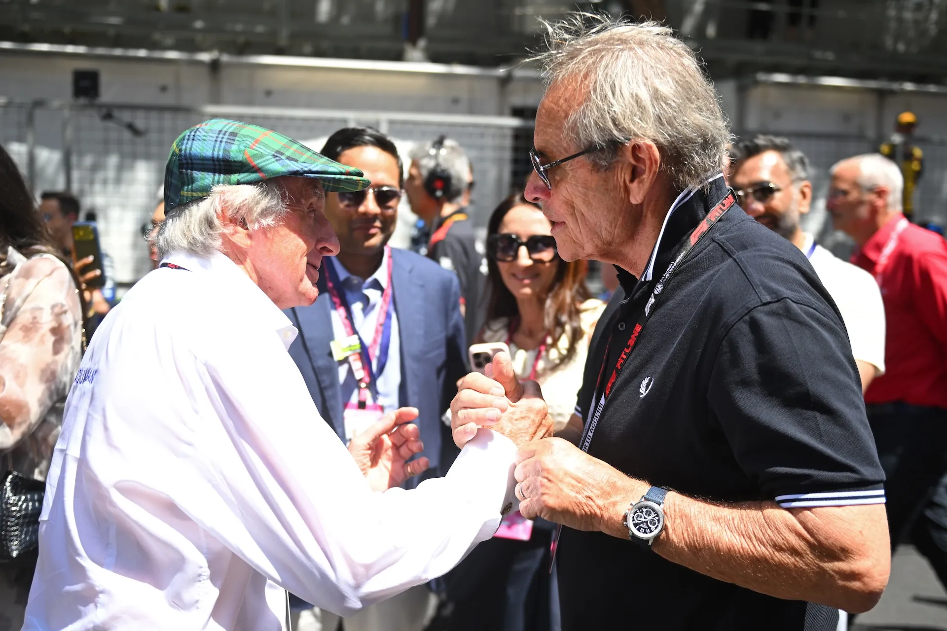 MONTE-CARLO, MONACO - JUNE 07: Sir Jackie Stewart and Jacky Ickx in the Paddock prior to the F1 Grand Prix of Monaco at Circuit de Monaco on June 07, 2026 in Monte-Carlo, Monaco. (Photo by Rudy Carezzevoli/Getty Images)