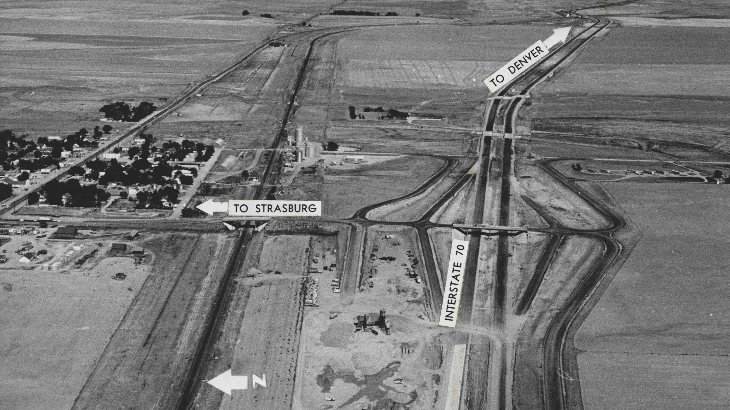 AUG 6 1963 This interchange to Strasburg, Colo., is part of the interstate 70 system now under construction east of Denver. Two overpasses on the Strasburg project span Interstate 70 and the Union Pacific Railroad to provide safe and convenient access to town. Credit: Denver Post (Denver Post via Getty Images)