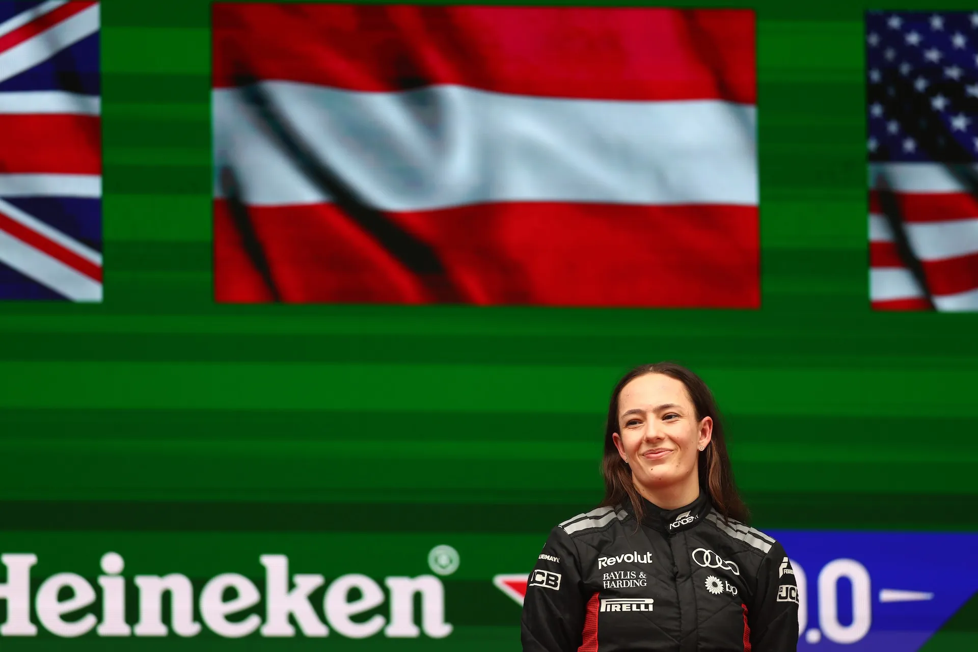 SHANGHAI, CHINA - MARCH 15: Race winner Emma Felbermayr of Austria and Rodin Motorsport (5) on the podium during F1 Academy Round 1, race 2 at Shanghai International Circuit on March 15, 2026 in Shanghai, China. (Photo by Andy Hone/LAT Images)