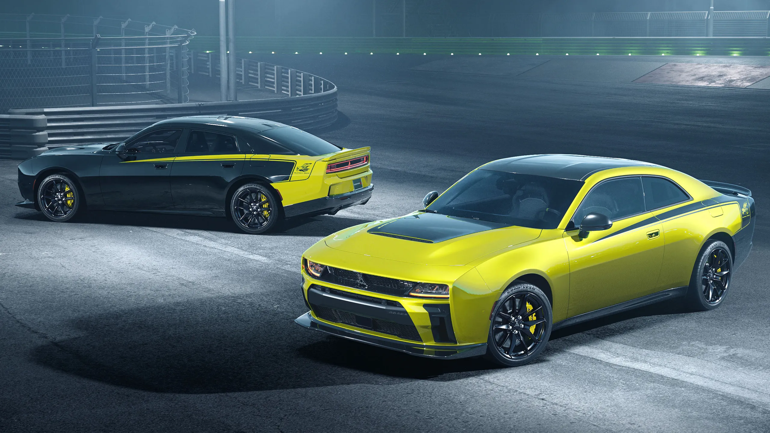 The new 2027 Dodge Charger Super Bee Launch Edition is a 600-horsepower evolution of the SIXPACK-powered Charger that creates the quickest, fastest and most powerful SIXPACK Charger  and the most powerful Dodge Super Bee  ever, shown in new Sucker Punch exterior color (front) and Diamond Black (rear).