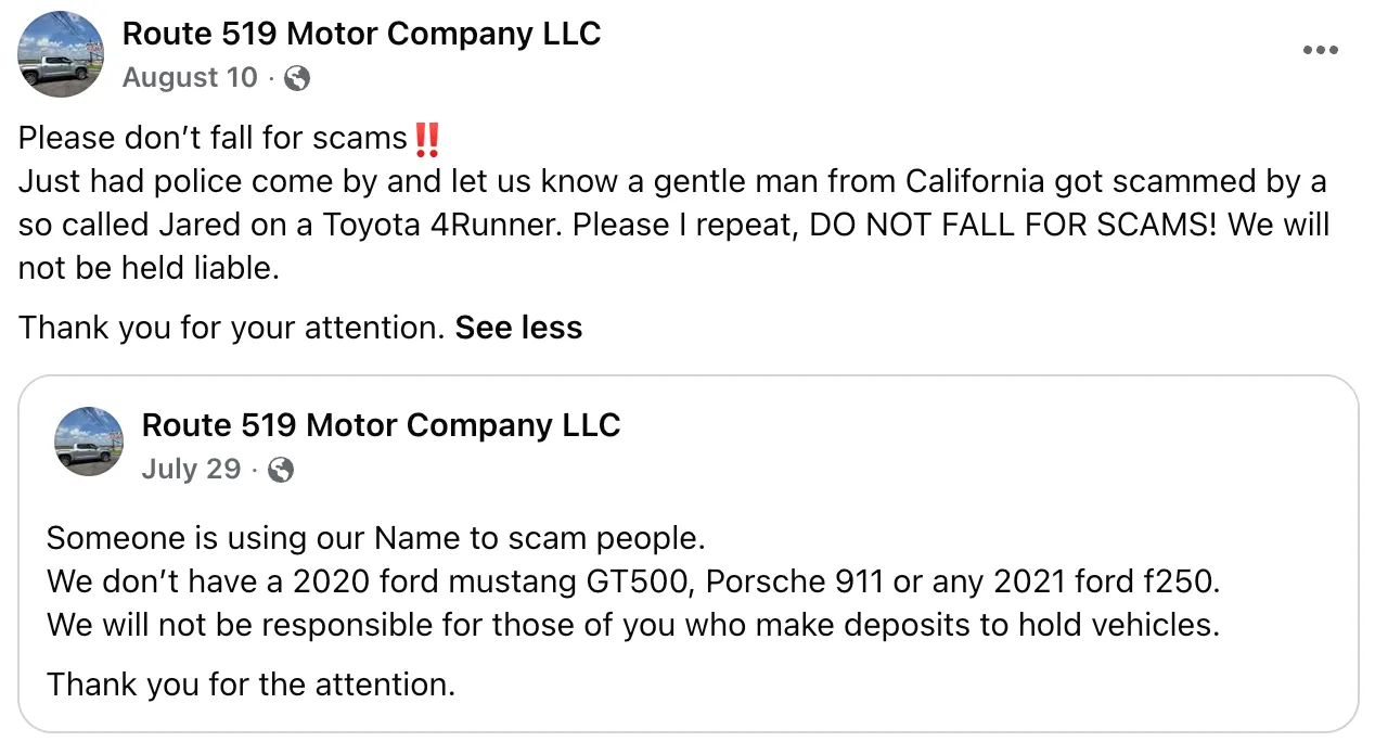 Screenshot of Route 519 Motor Company post saying they've been framed by a fake dealer