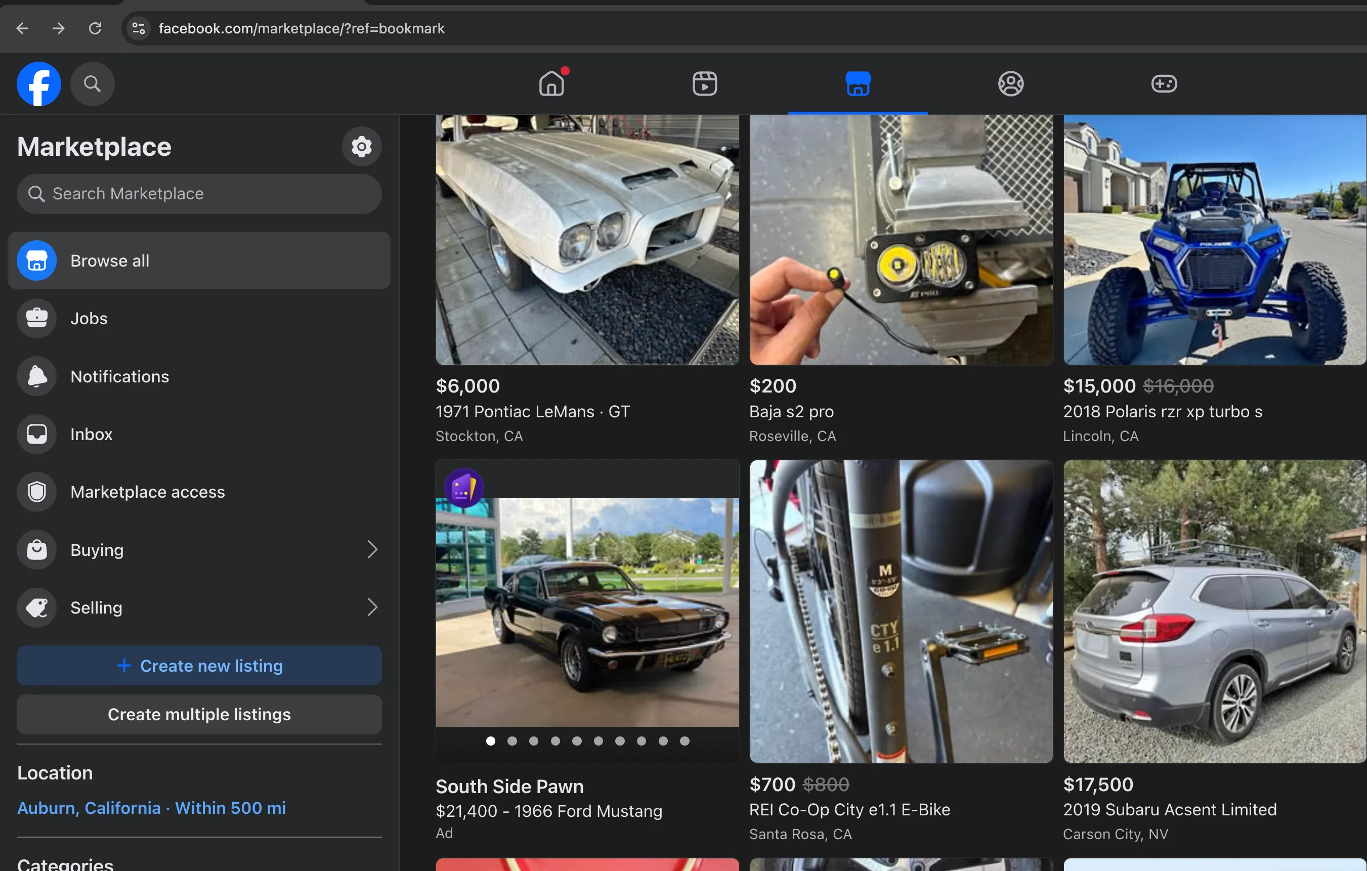 Facebook Marketplace screenshot showing fake ad for 1966 Ford Mustang