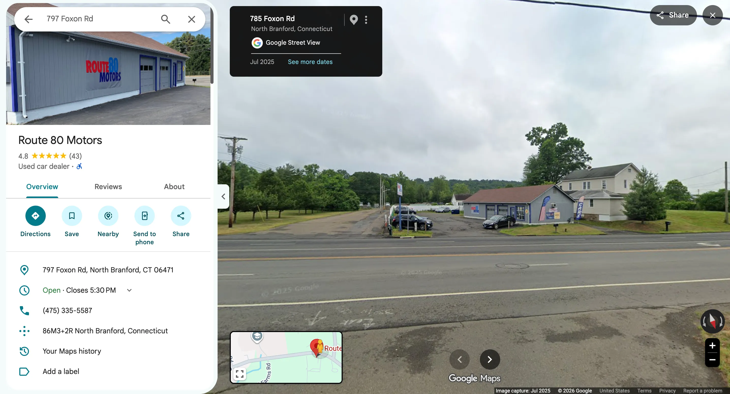 Google Maps screenshot showing real Route 80 Motors looks nothing like depicted in cloned dealer website