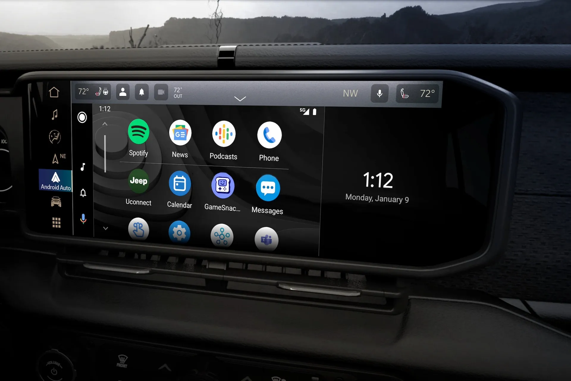 2026 Jeep® Wrangler interior features 12.3-inch Uconnect 5 touchscreen radio with standard wireless Android Auto and Apple CarPlay.