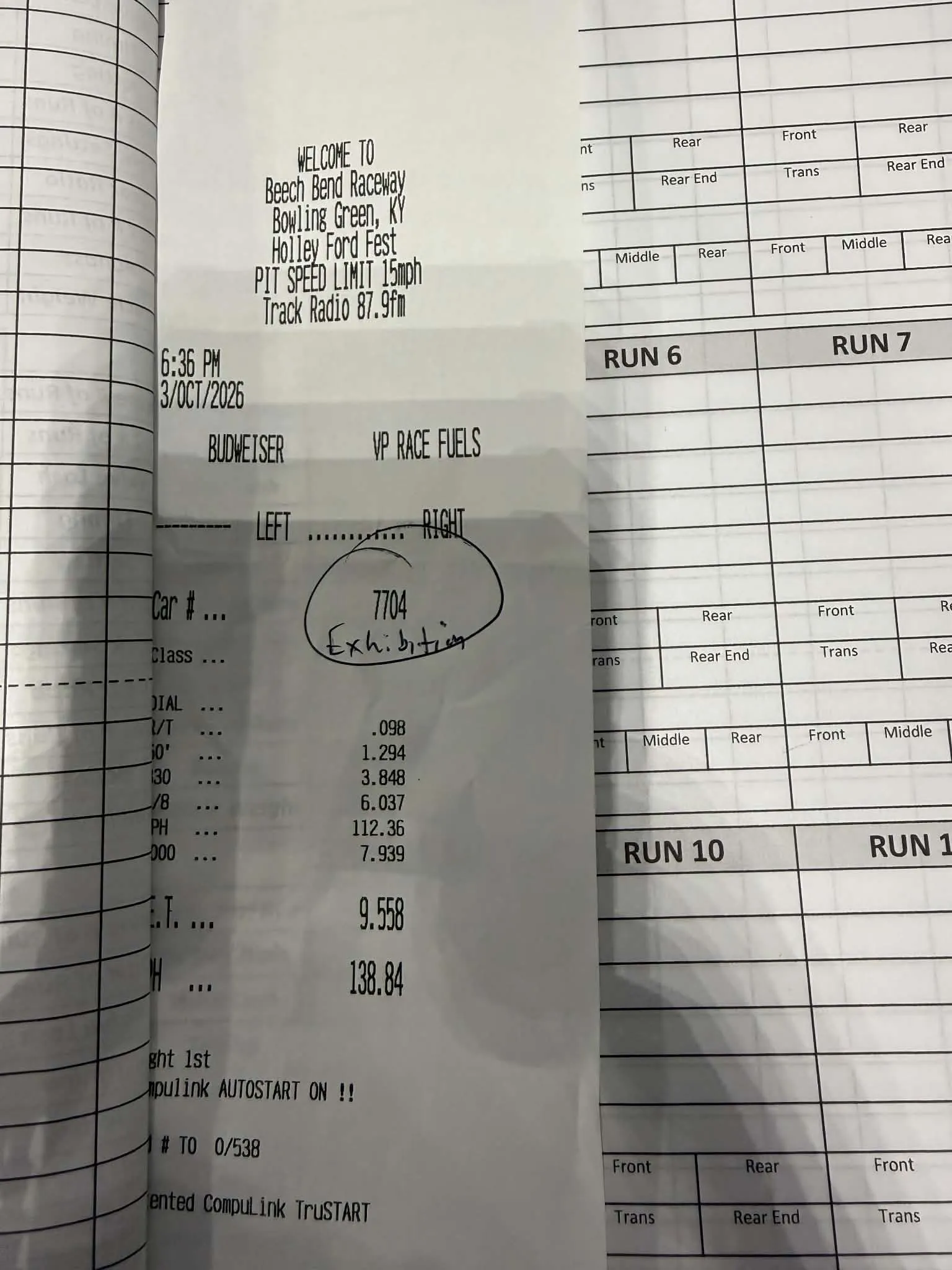 Drag racing slip showing 9.558-second quarter-mile pass at 138.84 miles per hour