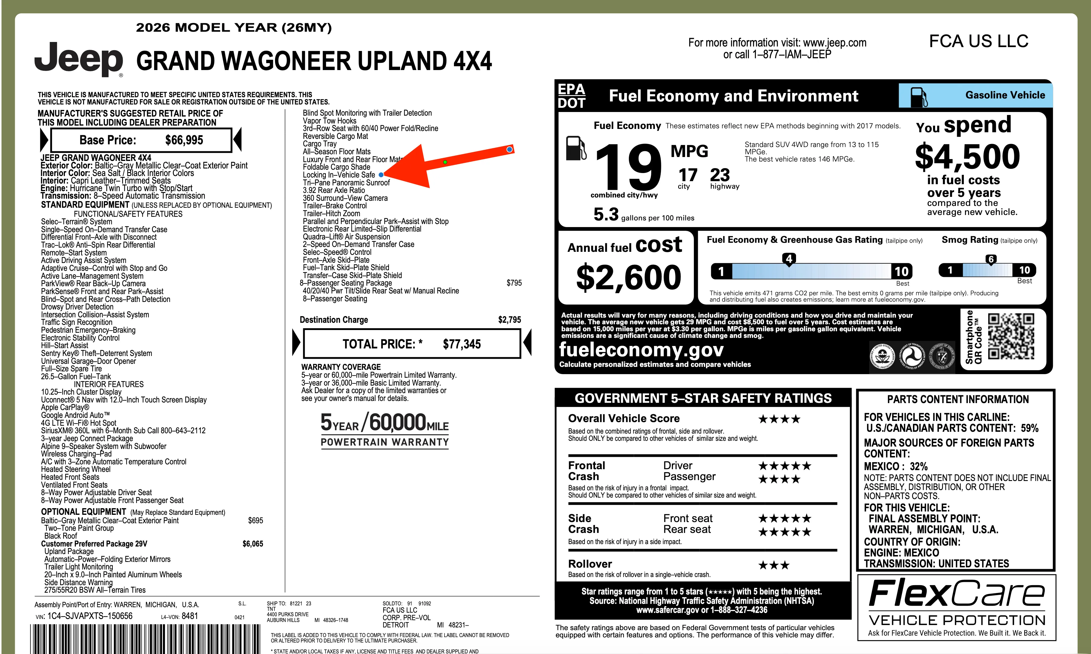 2026 Jeep Grand Wagoneer Window Sticker With In-Vehicle Safe
